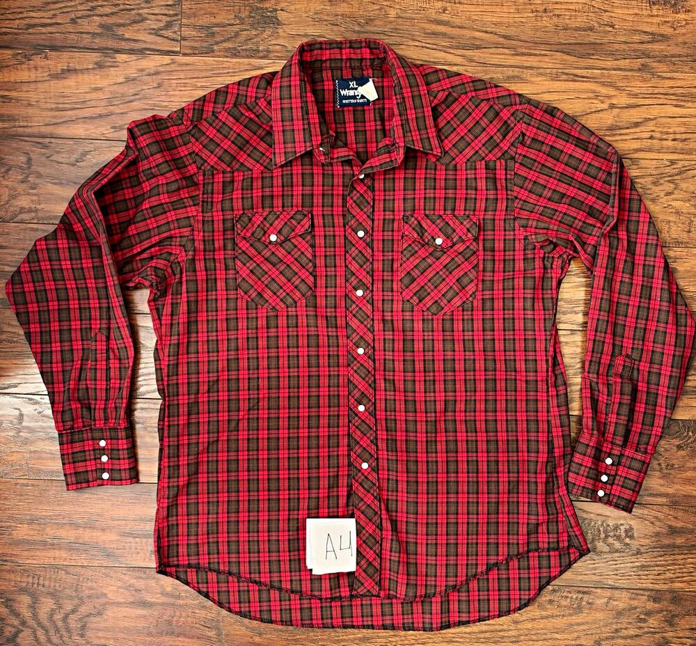 Vintage Wrangler Western Pearl Snap Shirt Men’s XL Red Brown Plaid USA Cowboy